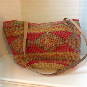 Vintage Sisal Pink Yellow Market Straw Handbag